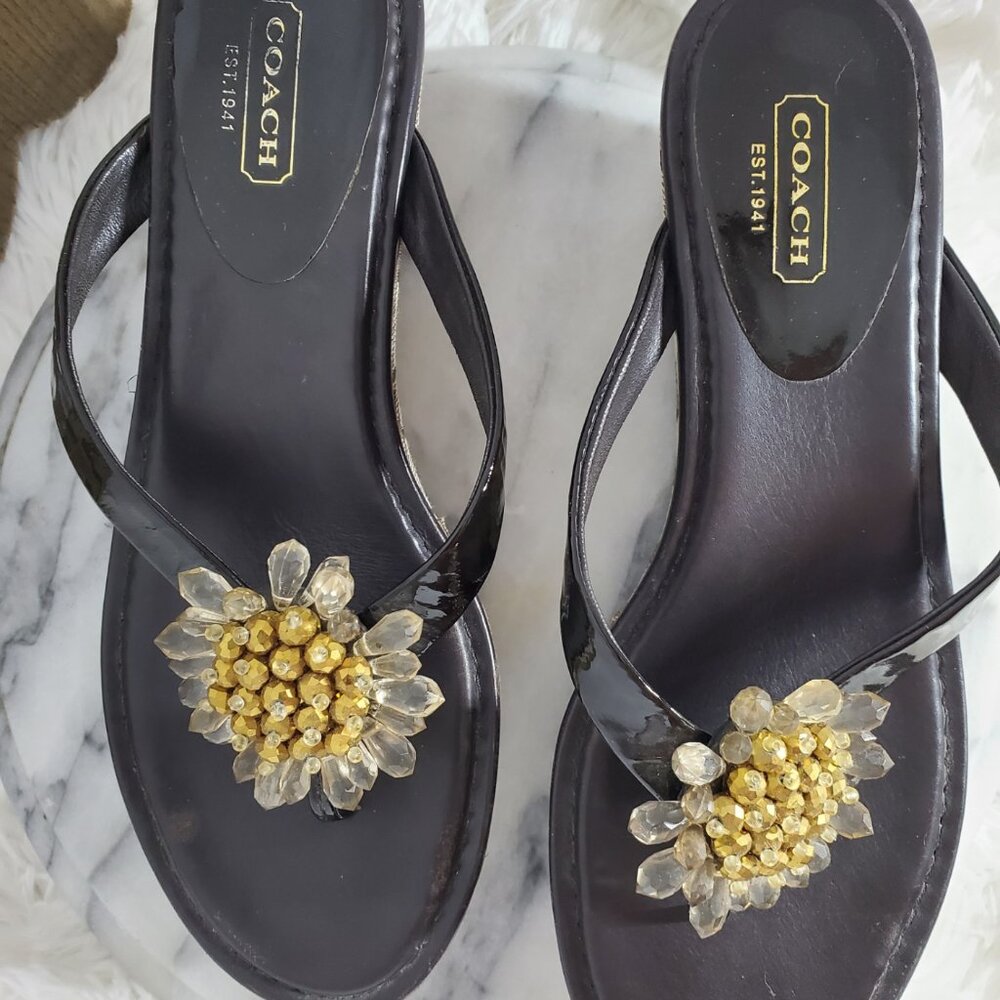 Coach Signature Norice Brown Wedge Canvas and Leather Sandals - Size 8